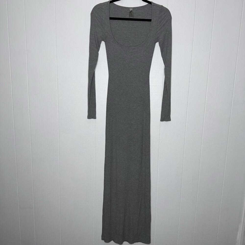 SKIMS Women’s Soft Lounge Long Maxi Dress Gray Ribbed Long Sleeve Scoop Neck S